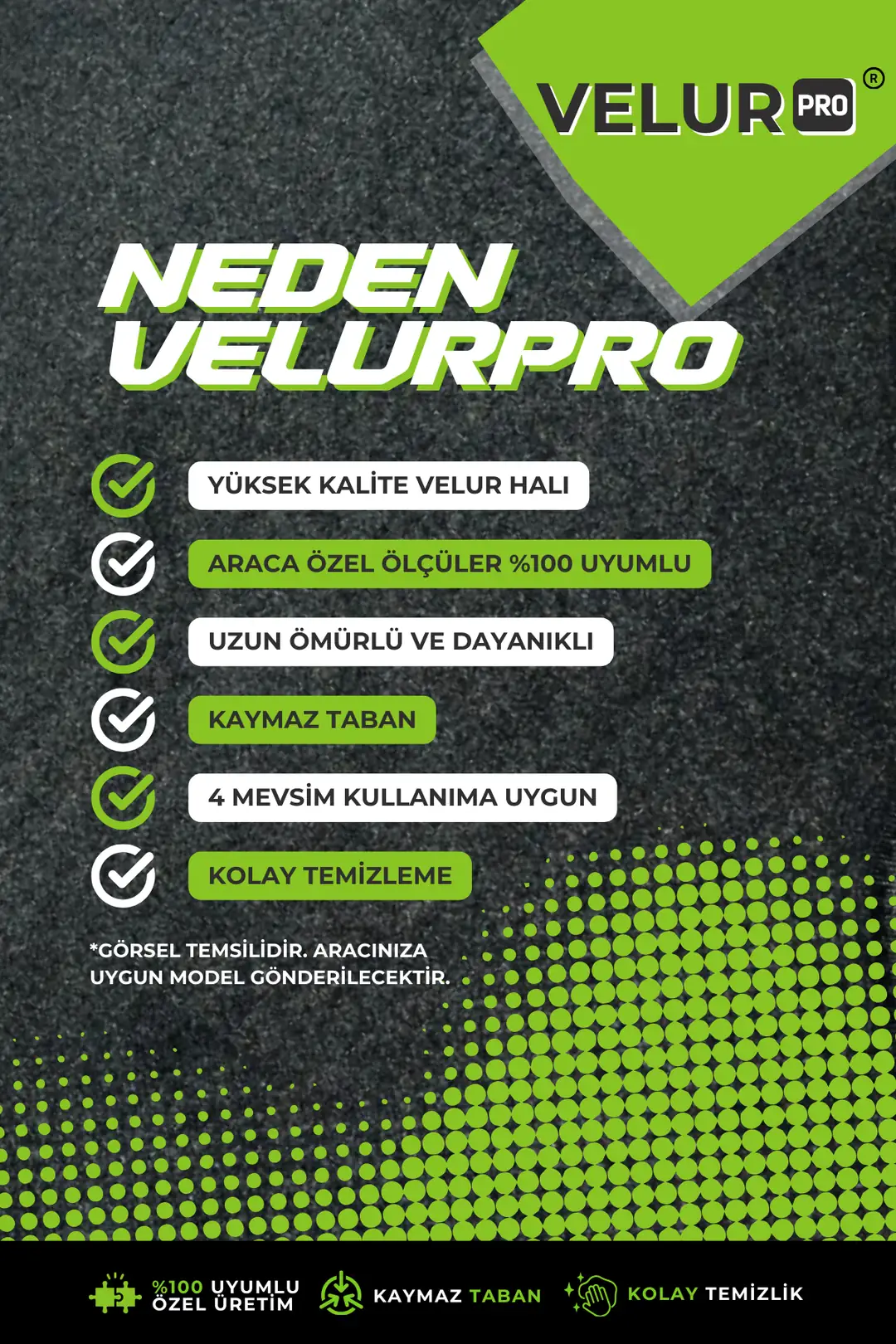 VelurPRO Volkswagen Golf 5 2004-2009 Siyah Araca Özel Halı Paspas Araba Halısı Oto Paspas